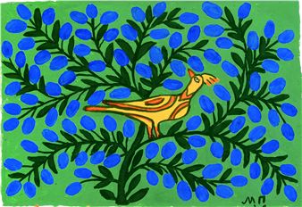 A stylized bird perches on a dense bush of blue berries against a vivid green background.