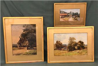 2 Alice J Watts watercolours, house with lady and child under a tree, 26 x 35.5cm, sheep with house and trees, 38 x 26cm and another watercolour of cottages and trees, 22 x 13cm, all framed (wear to frames) - Alice J. Watts