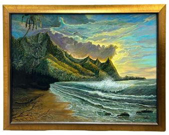 Signed Gyula Dudas Tropical Ocean Acrylic Painting - Gyula Dudás