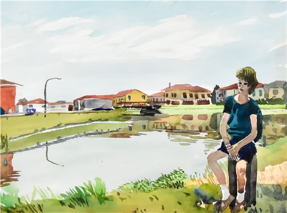 Seated boy by a pond with buildings to the background by Patrick Procktor