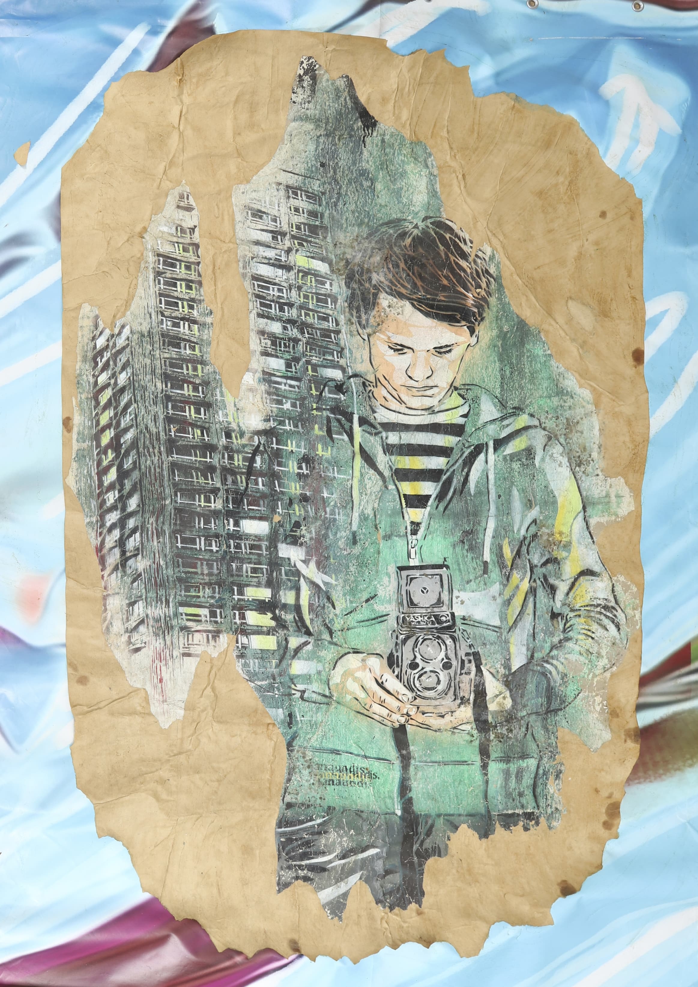 Artwork by Jana & JS, Le Photographe, Made of Acrylic, ink, spray paint and stencil on paper