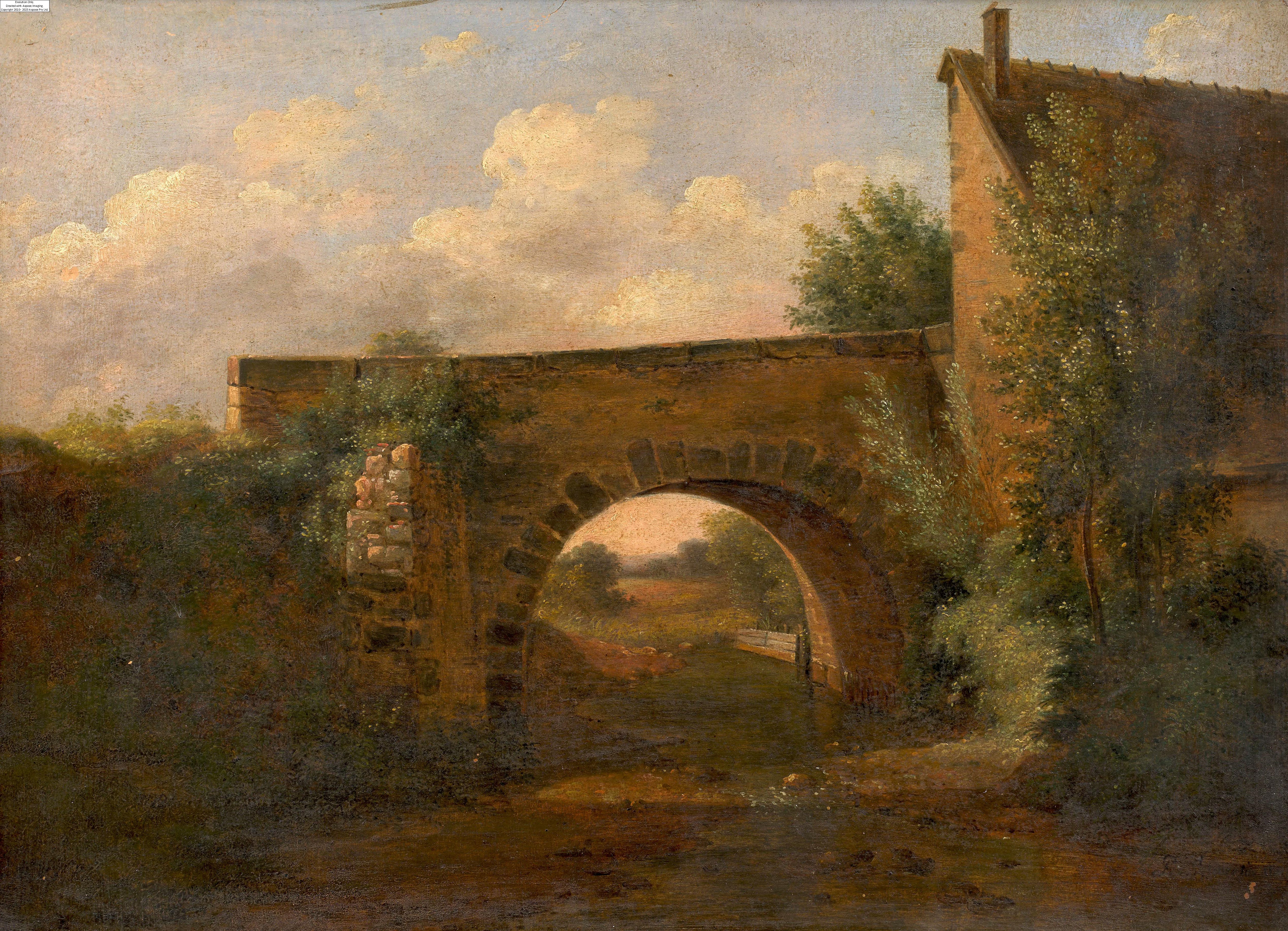 Artwork by Pierre Alexandre Pau de Saint-Martin, Paysage au pont, Made of Huile sur papier marouflé sur carton