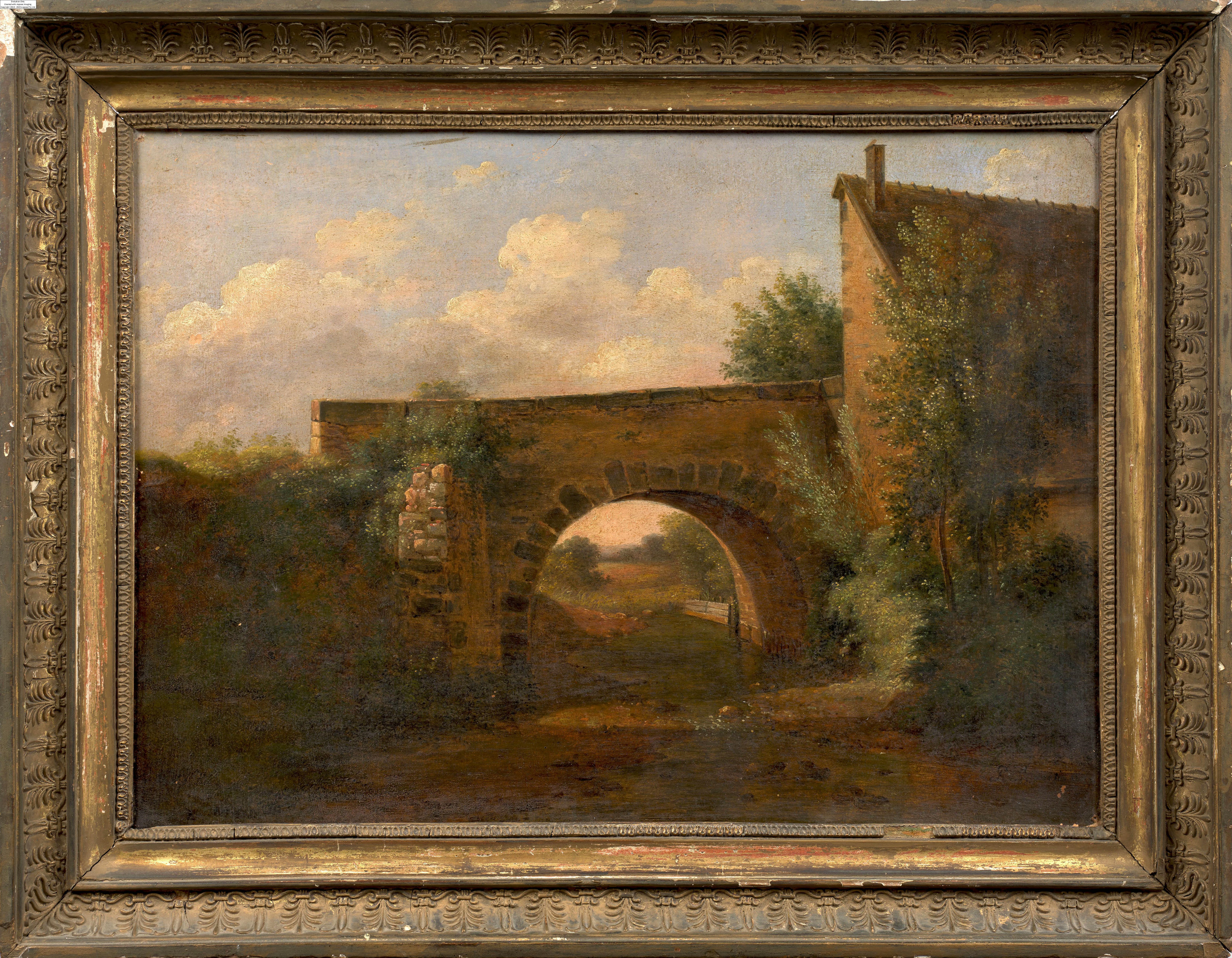 Artwork by Pierre Alexandre Pau de Saint-Martin, Paysage au pont, Made of Huile sur papier marouflé sur carton