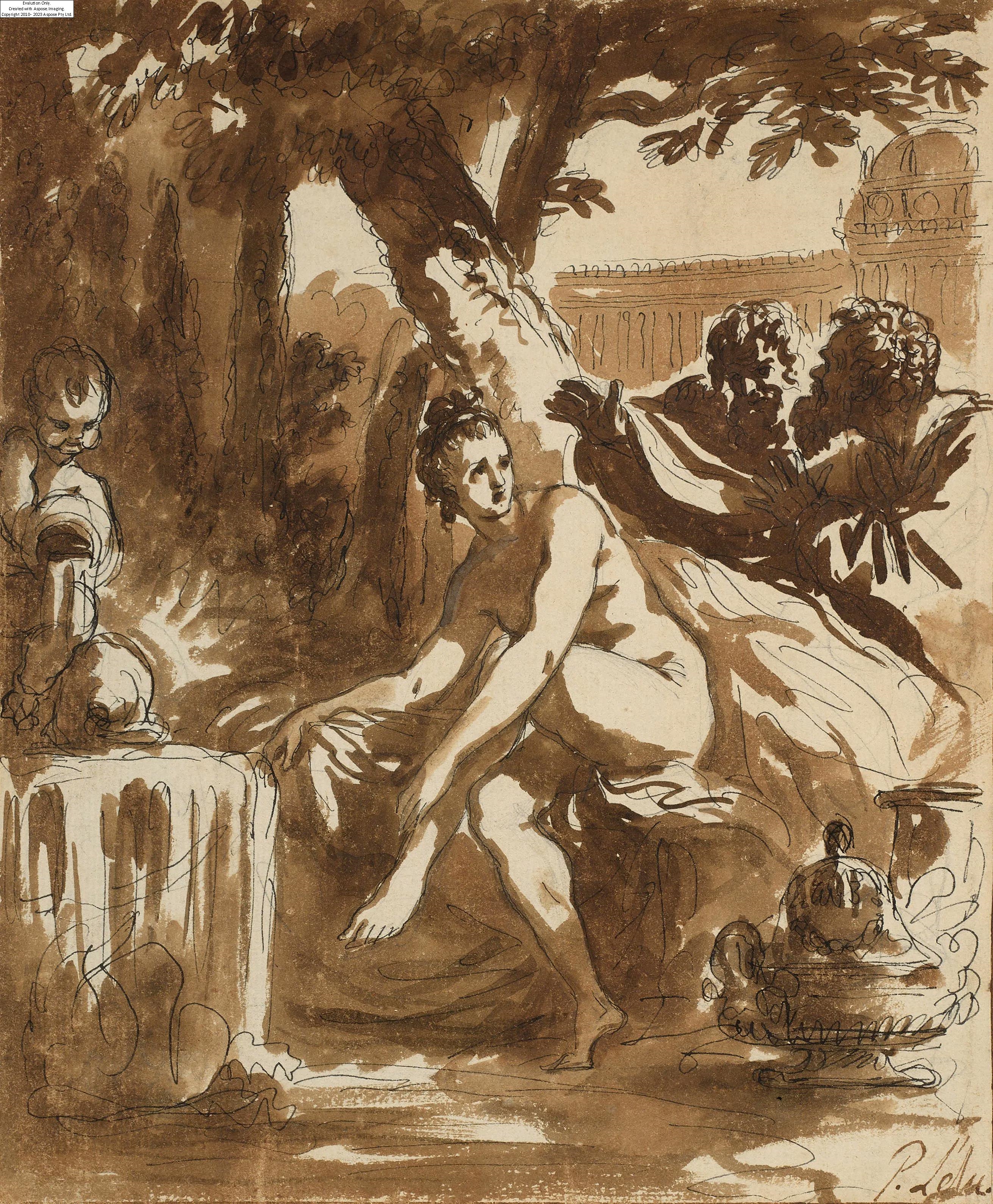 Artwork by Pierre Lélu, Suzanne et les vieillards, Made of Plume et encre noire, lavis brun