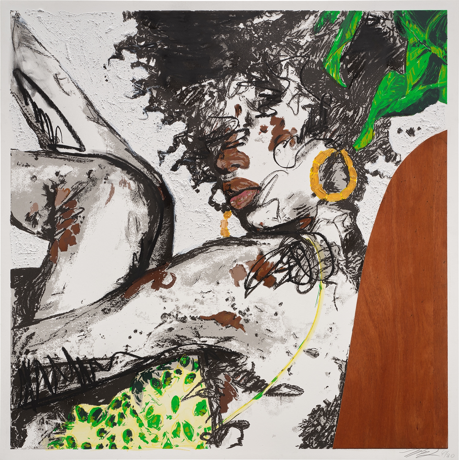 Artwork by Khari Turner, Rest and Wellness, Made of Screenprint with extensive hand-coloring in charcoal, wax pastels, wood veneer and paint mixed with sand, on heavy board, with full margins