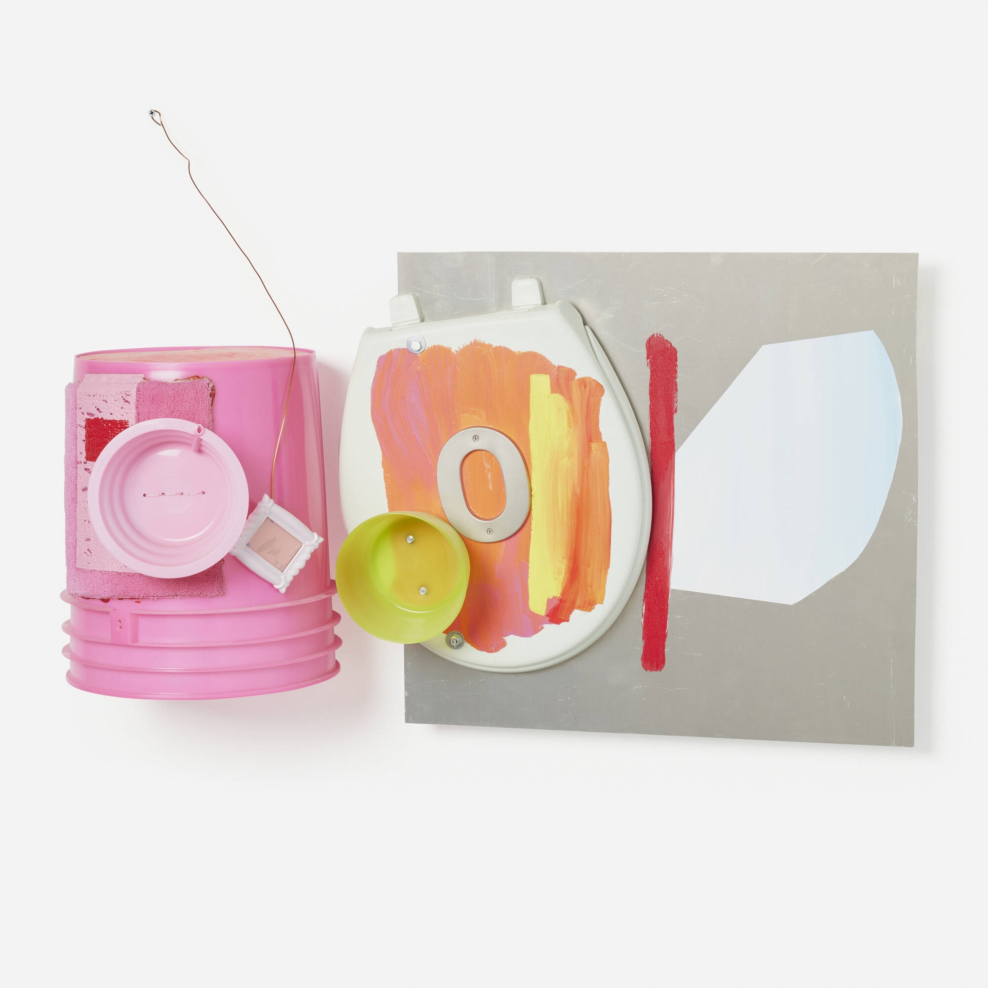 Artwork by Jessica Stockholder, Untitled, Made of plastic bucket and bowls, toilet seat, carpet, glue, acrylic and oil paint, picture frame, silicone and Sculpey