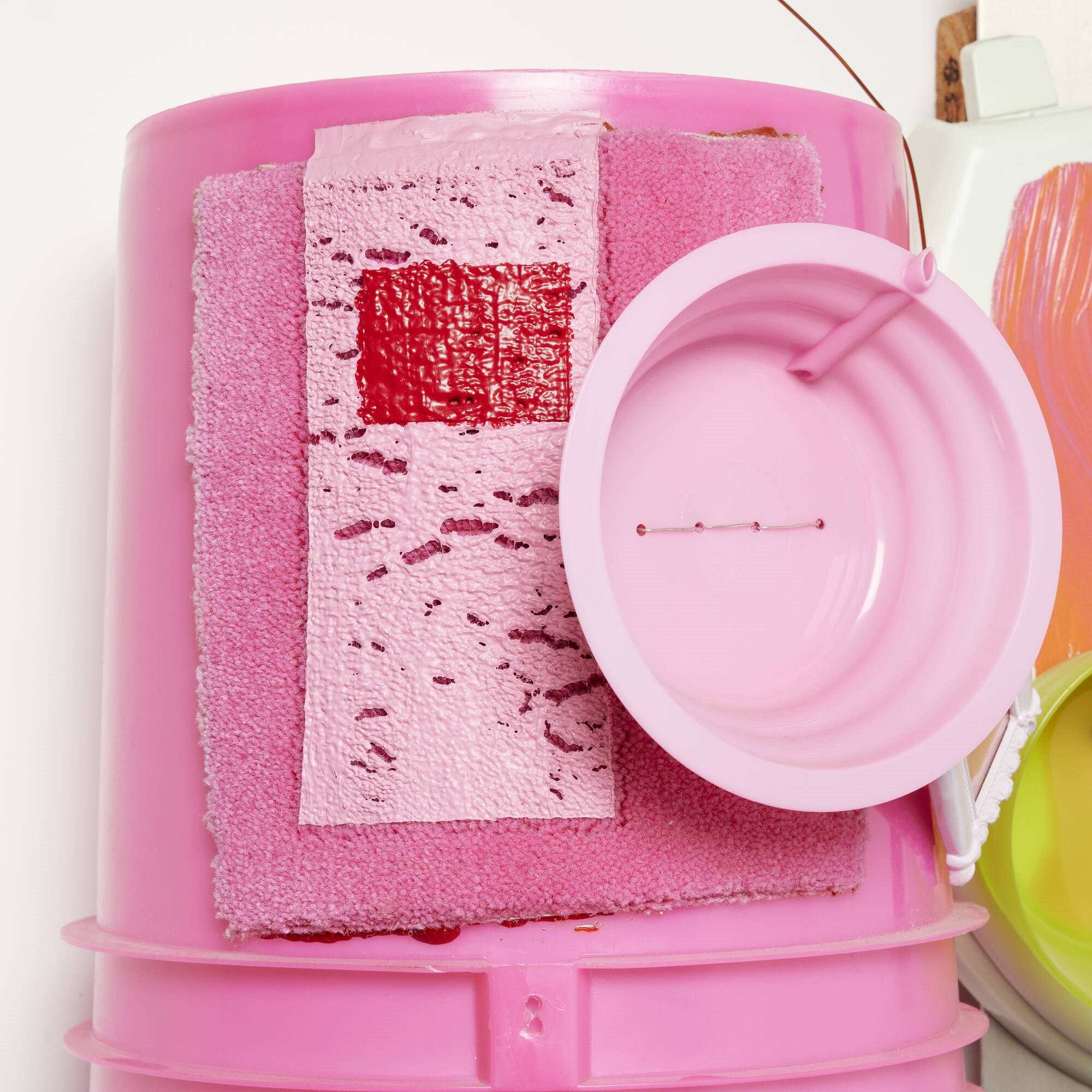 Artwork by Jessica Stockholder, Untitled, Made of plastic bucket and bowls, toilet seat, carpet, glue, acrylic and oil paint, picture frame, silicone and Sculpey