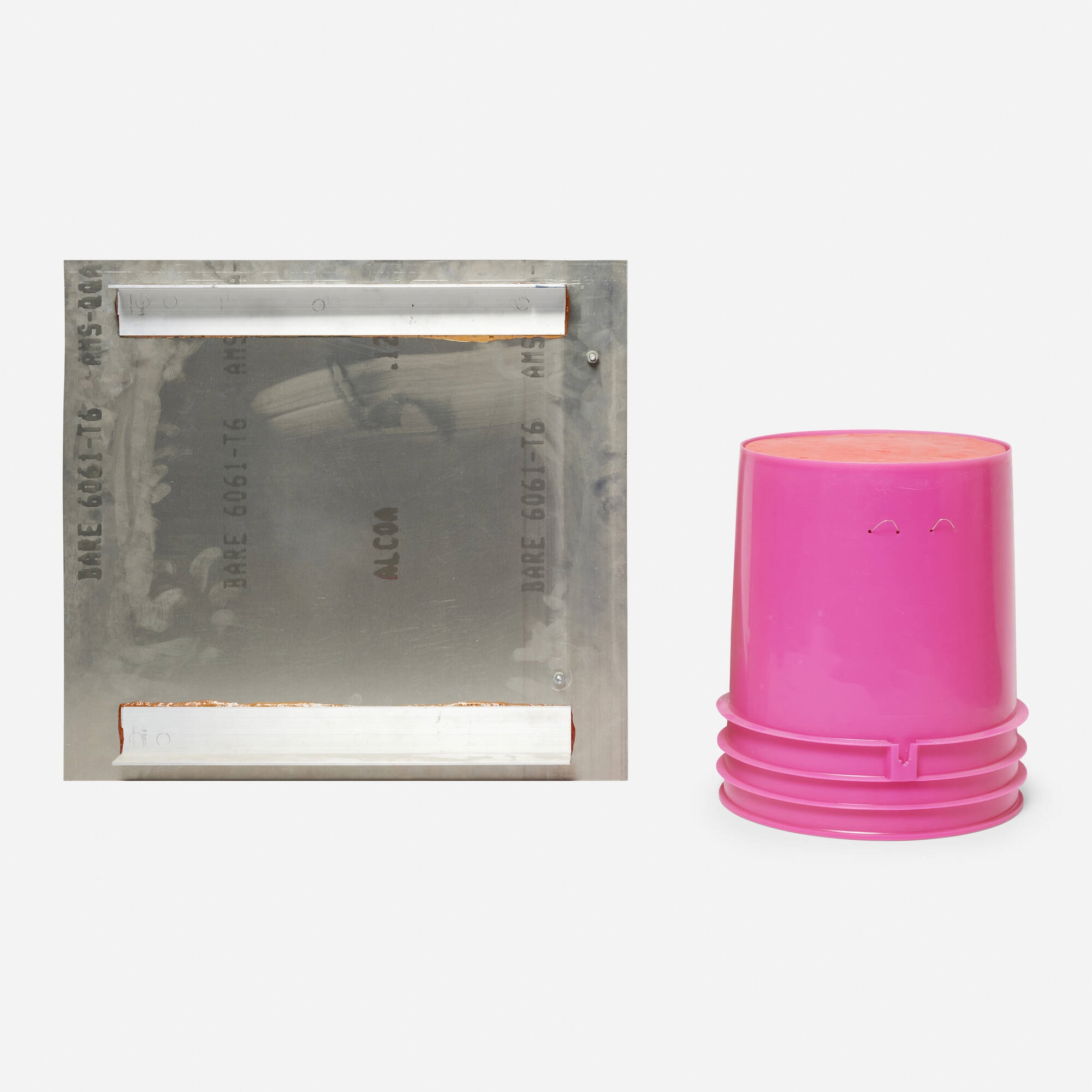 Artwork by Jessica Stockholder, Untitled, Made of plastic bucket and bowls, toilet seat, carpet, glue, acrylic and oil paint, picture frame, silicone and Sculpey