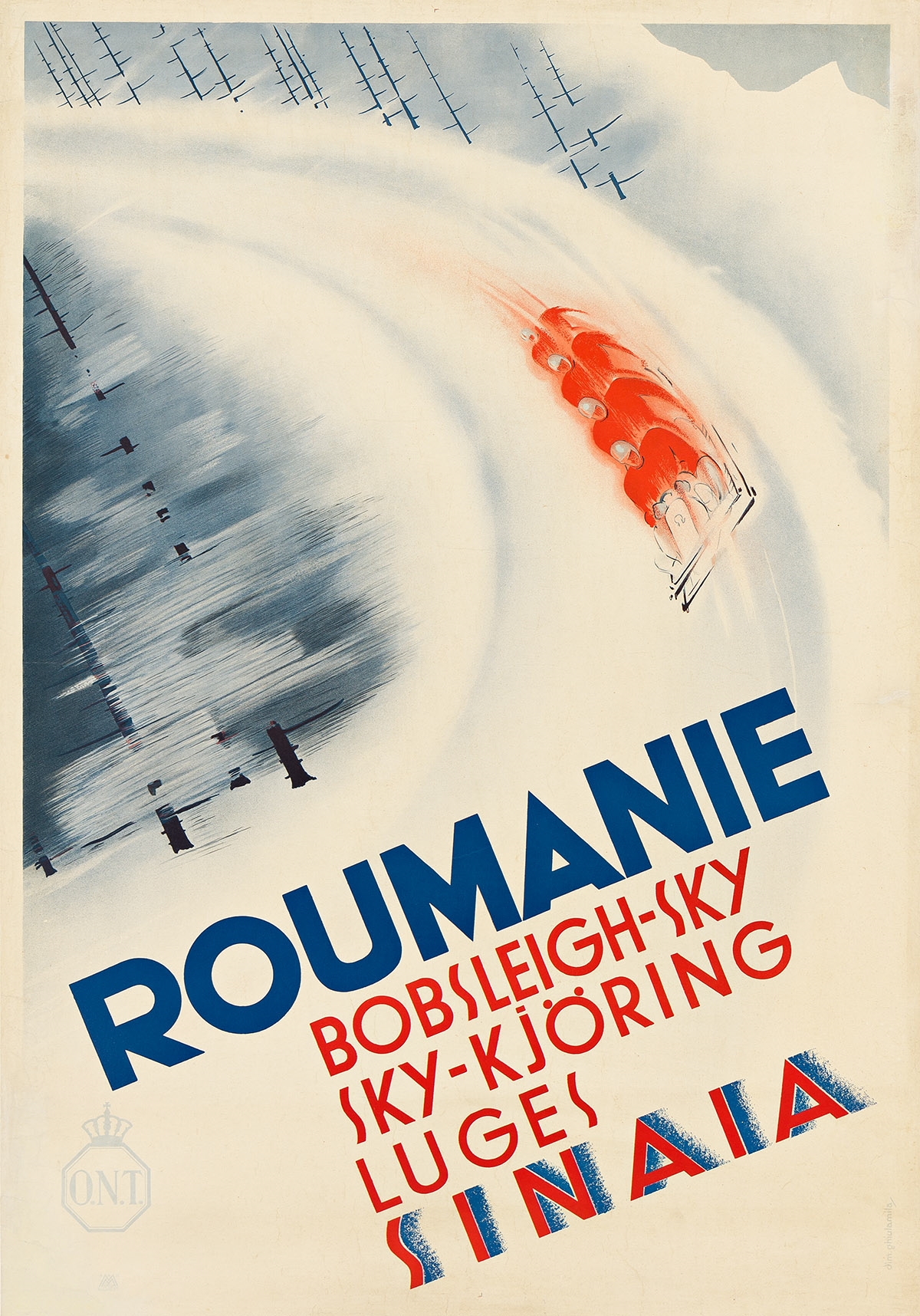 Artwork by Dim Ghiulamila, ROUMANIE / BOBSLEIGH - SKY. Circa 1930s.