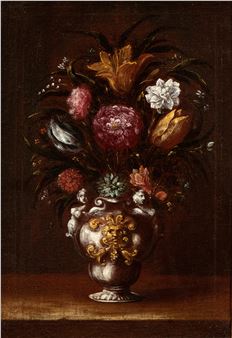 Still life of tulips, carnations and chrysanthemums in a vase - Maestro Del Vaso a Grottesche