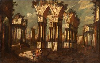 Architectural capriccio with figures - Maestro Delle Montagne Azzurre
