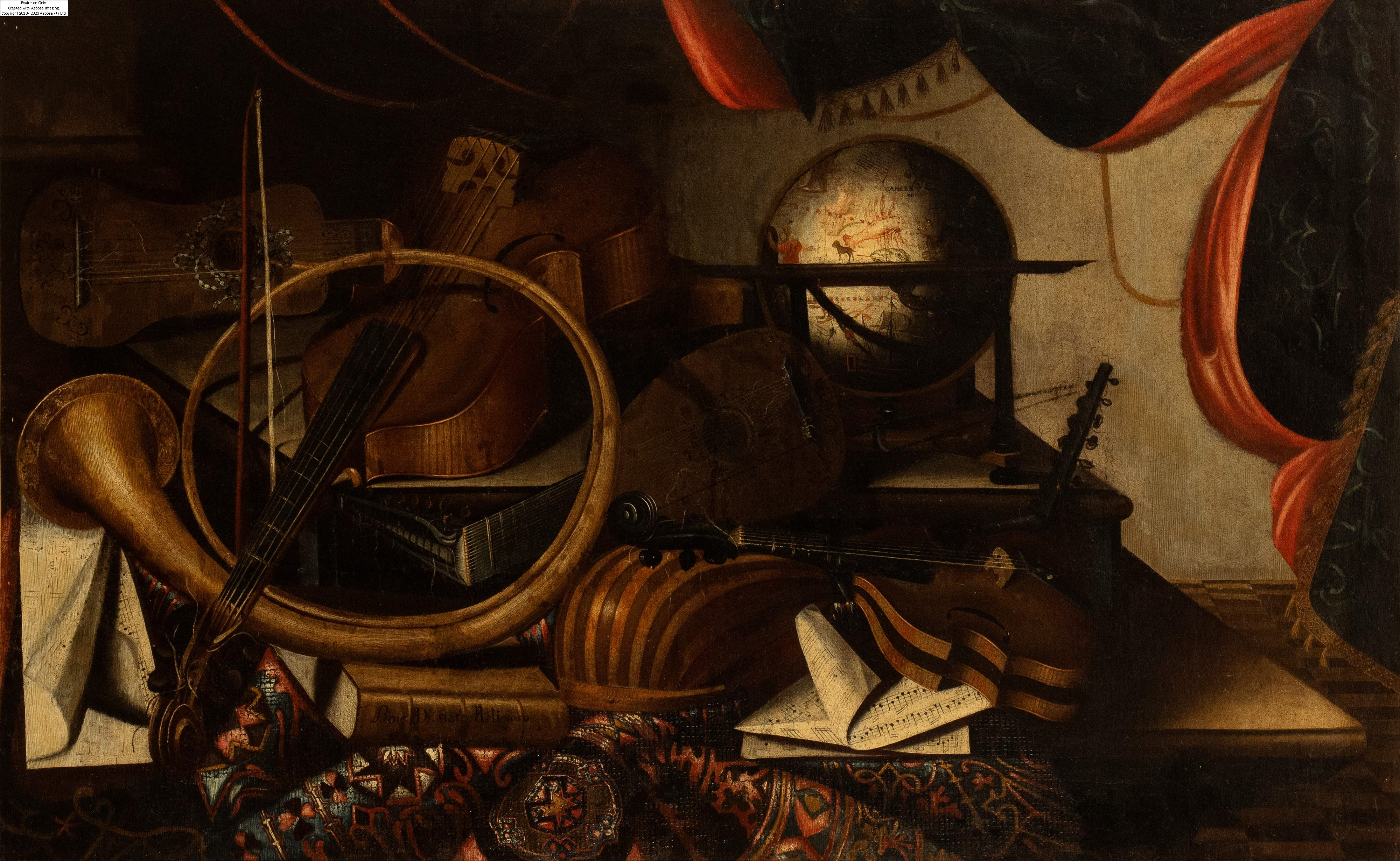 Bartolomeo Bettera | a) Still life with musical instruments, globe and ...