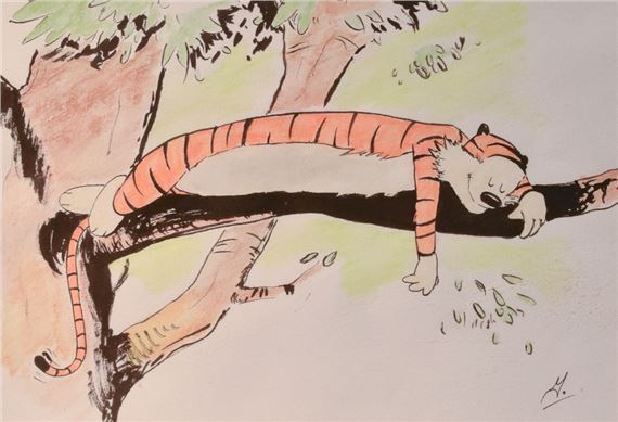 Hobbes asleep on a branch - Bill Watterson