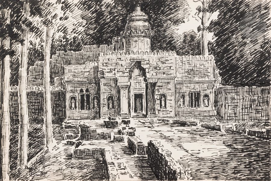 Artwork by Roberto Ramauge, Architectural views of the Angkor Wat site, Made of inks on paper