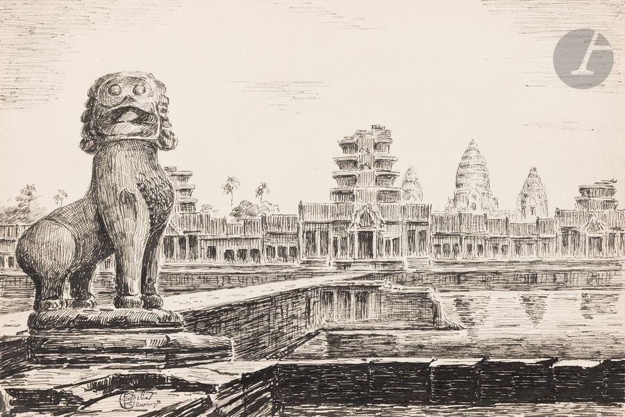 Artwork by Roberto Ramauge, Architectural views of the Angkor Wat site, Made of inks on paper