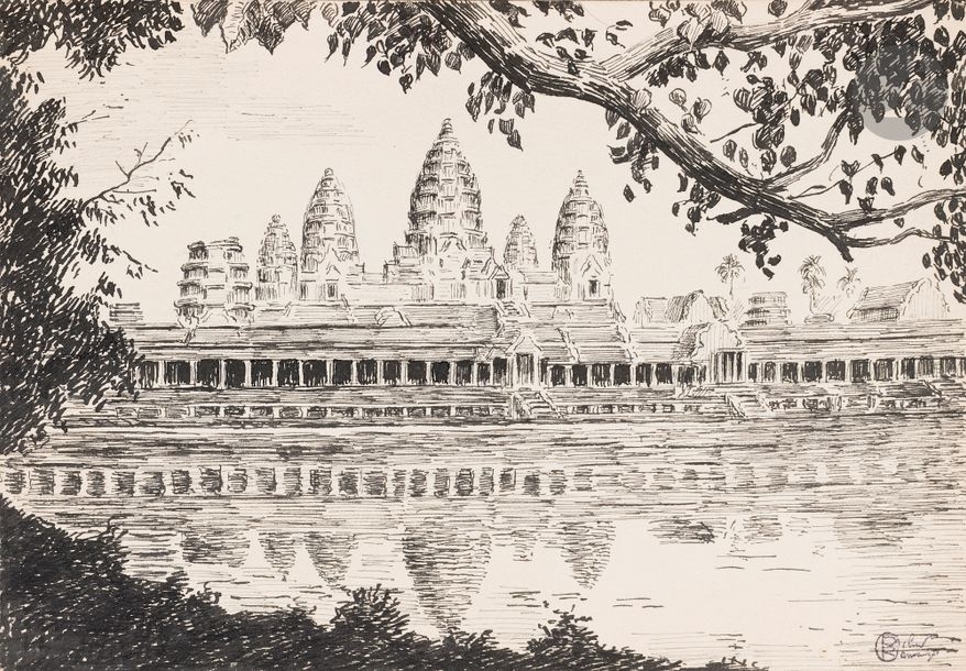 Artwork by Roberto Ramauge, Architectural views of the Angkor Wat site, Made of inks on paper
