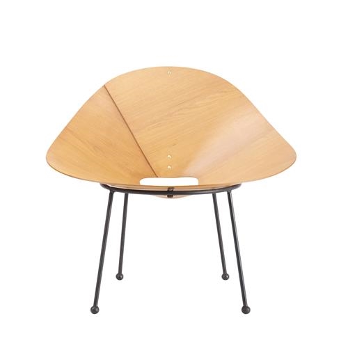 Artwork by Roger Mclay, ROGER MCLAY 'KONE' CHAIR, Made of Steam bent marine ply cone seat on steel rod base with original ‘Ruggletwist' chenille fabric cover