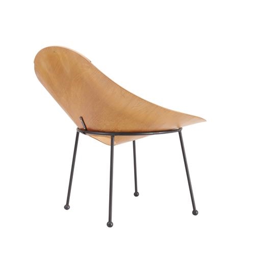 Artwork by Roger Mclay, ROGER MCLAY 'KONE' CHAIR, Made of Steam bent marine ply cone seat on steel rod base with original ‘Ruggletwist' chenille fabric cover