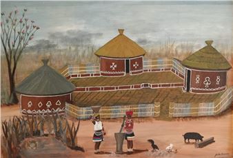 AFRICAN KRAAL WITH FIGURES - John Ramoloto