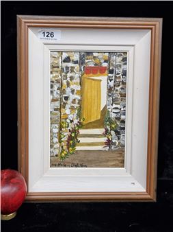 A charming original Helen Dawson . Features the facade of a house characterized by a stone brick exterior. The earthy toned color palette of the brick greatly contrasts with the greenery flanking the stairs leading into the house, which adds great dynamism to the composition. 
Previous in auction on with Lot no - Helen Dawson
