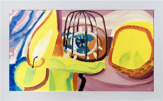 A painting of a bird cage with a bird inside of it.