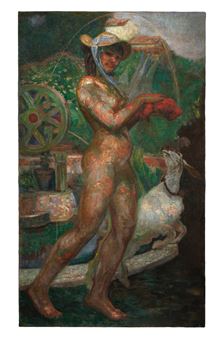 Muchacha junto a una fuente con una chivita - Emilio Rivero Merlin