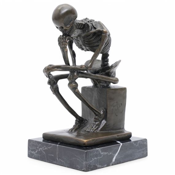 Bronze skeleton modelled as 'The Thinker' by Miguel Fernando López (Milo)
