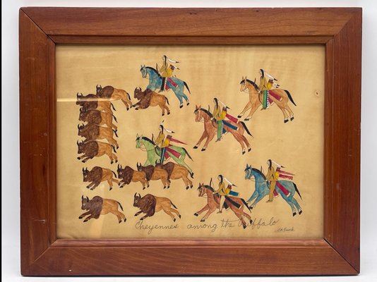 Garnett B. French. Watercolor/Paper. Cheyenne Among Buffalo - B. Garnett