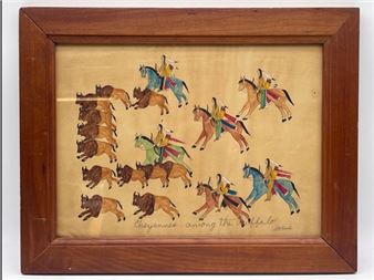 Garnett B. French. Watercolor/Paper. Cheyenne Among Buffalo - B. Garnett