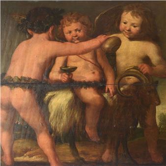 Amors and buck in front of landscape - Salomon de Bray