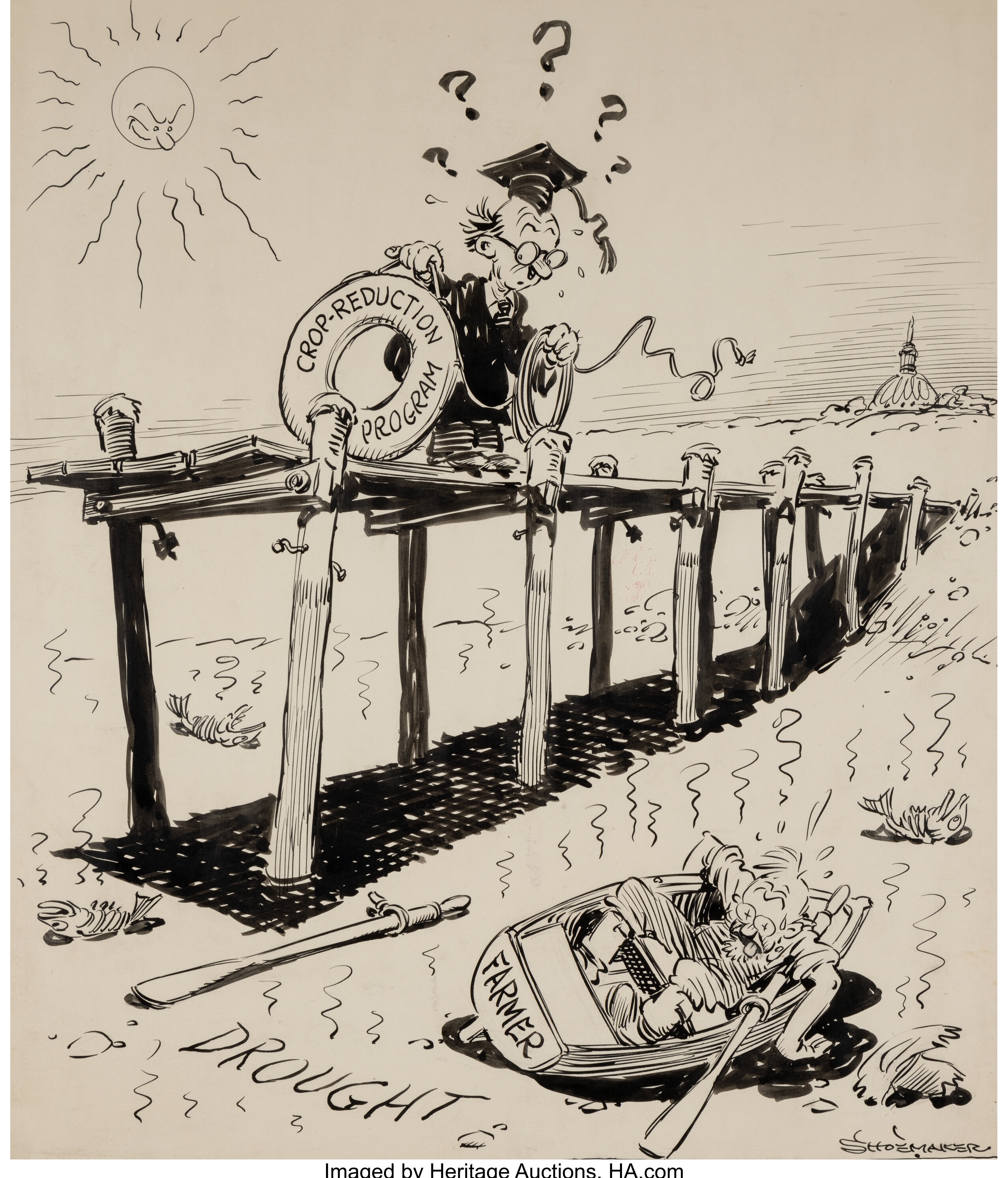 Artwork by Vaughn Shoemaker, Not Much of a Help Now, Chicago Daily News newspaper, Made of India ink