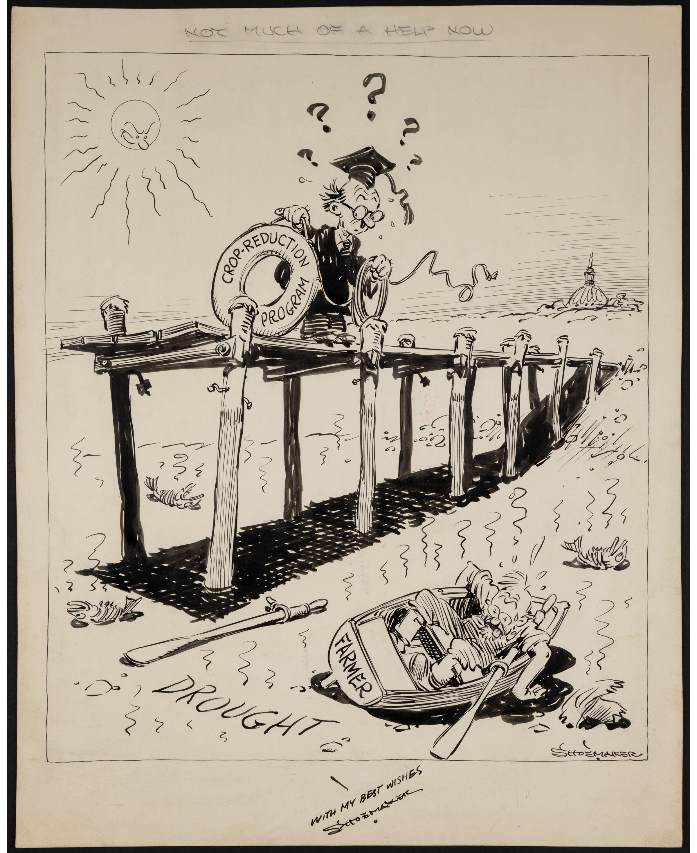 Artwork by Vaughn Shoemaker, Not Much of a Help Now, Chicago Daily News newspaper, Made of India ink