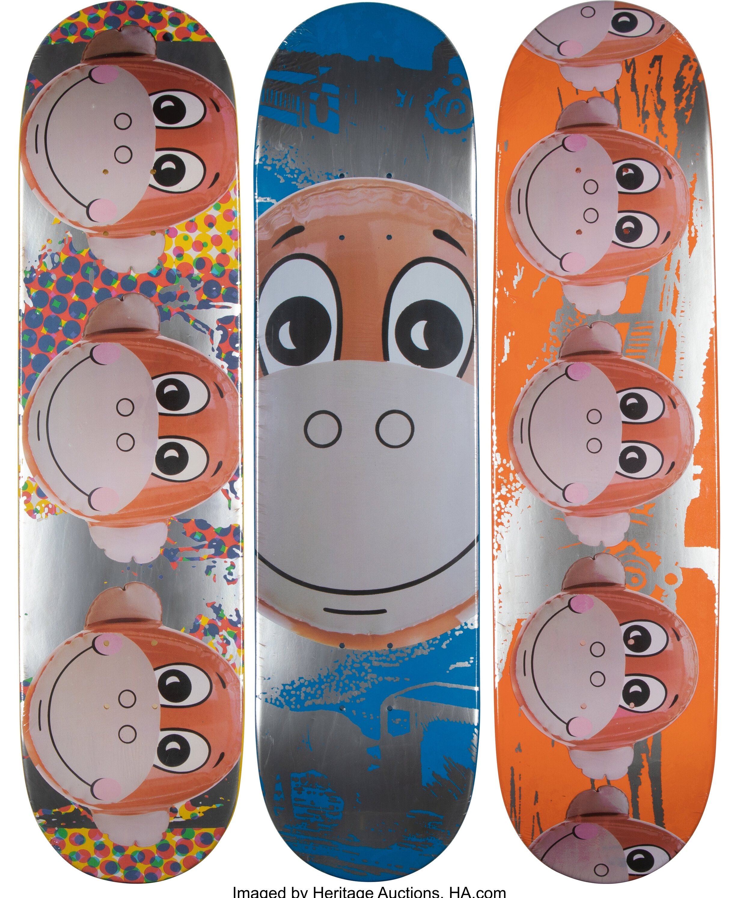 Artwork by Jeff Koons, Supreme, Monkey Train (triptych), Made of Offset lithographs in colors on skate decks