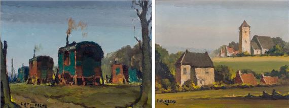 2 works oil on canvas Caravans and Landscape with church by Piet Lippens