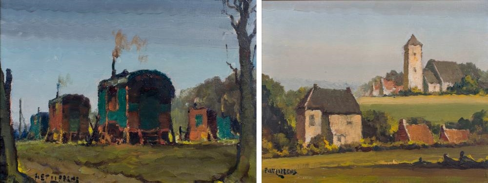 Artwork by Piet Lippens, 2 works oil on canvas Caravans and Landscape with church, Made of oil on canvas