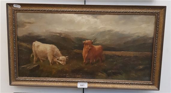 A pastoral oil painting of two cattle in a rugged, misty landscape.