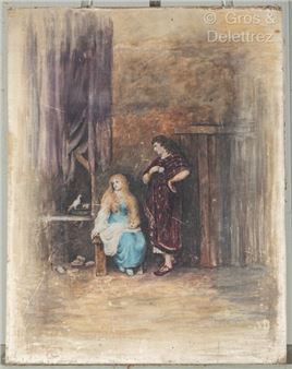 Micheline GRAS Couple looking at two doves Painting on silk signed lower left 62 x 48 cm - Micheline Gras