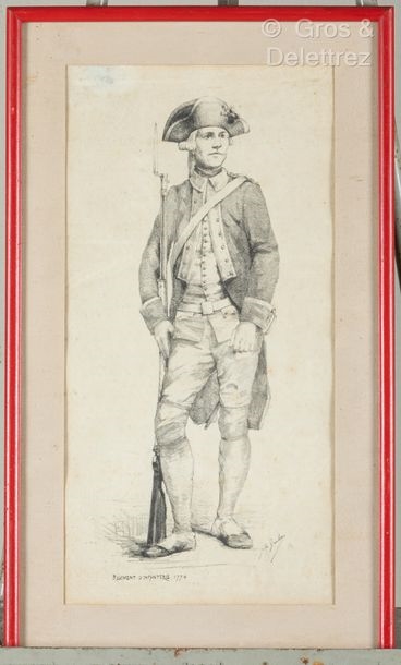 Artwork by Jules Groudieux, Jules GROUDIEUX Portrait of an infantry regiment soldier 1770 Pencil on paper signed lower right 50 x 25 cm on view, Made of Pencil on paper