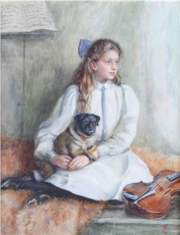an Edwardian watercolour. Depicting a seated girl holding a pug - Alfred Tayler