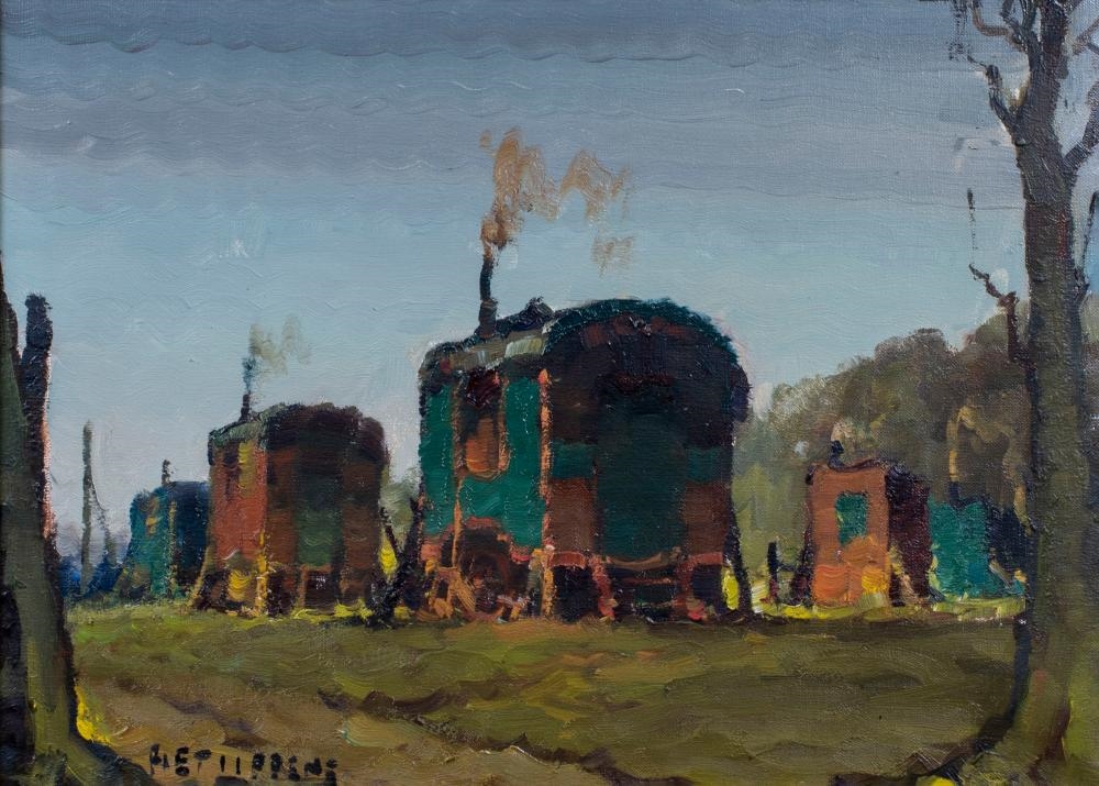 Artwork by Piet Lippens, 2 works oil on canvas Caravans and Landscape with church, Made of oil on canvas