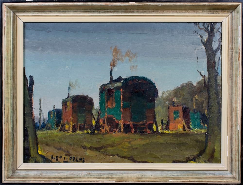 Artwork by Piet Lippens, 2 works oil on canvas Caravans and Landscape with church, Made of oil on canvas