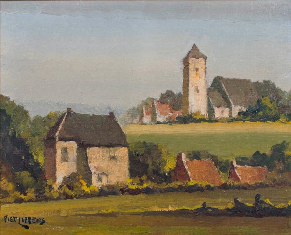 Artwork by Piet Lippens, 2 works oil on canvas Caravans and Landscape with church, Made of oil on canvas