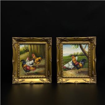 A pair of oil paintings on canvas depicting chickens in a rural setting - J. Bell