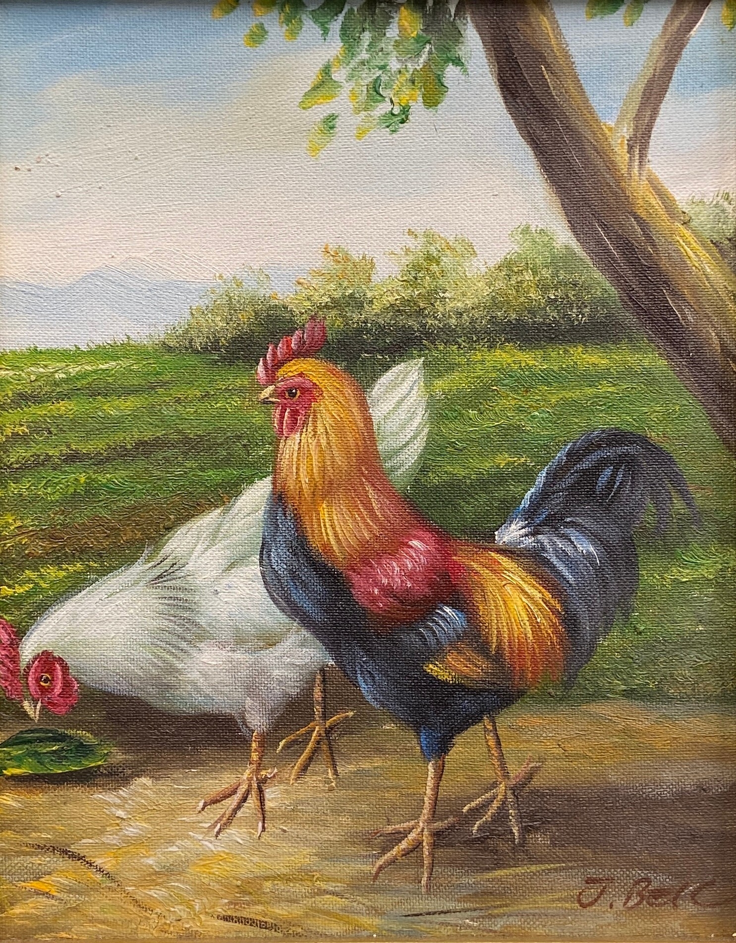 Artwork by J. Bell, A pair of oil paintings on canvas depicting chickens in a rural setting, Made of oil paintings on canvas