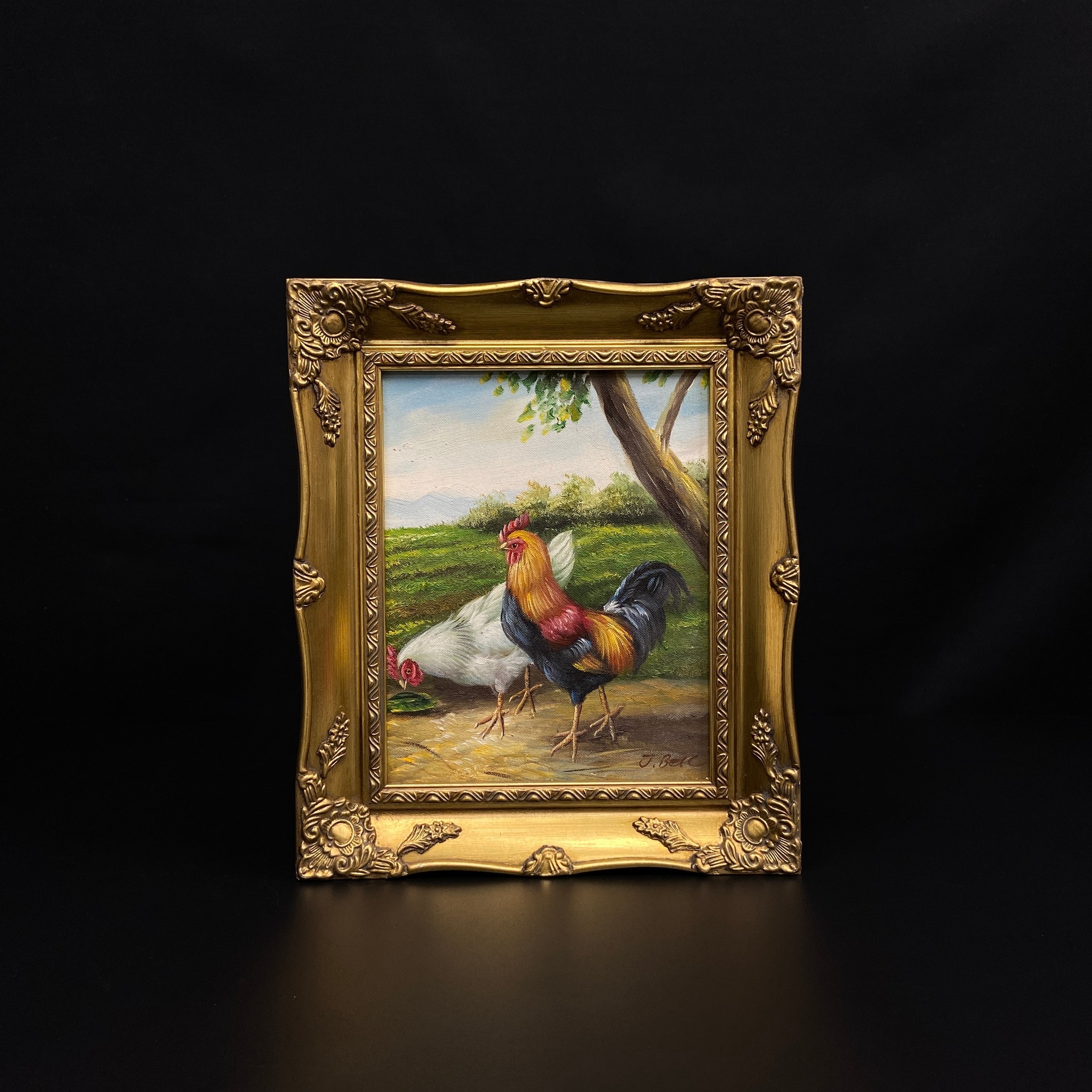 Artwork by J. Bell, A pair of oil paintings on canvas depicting chickens in a rural setting, Made of oil paintings on canvas