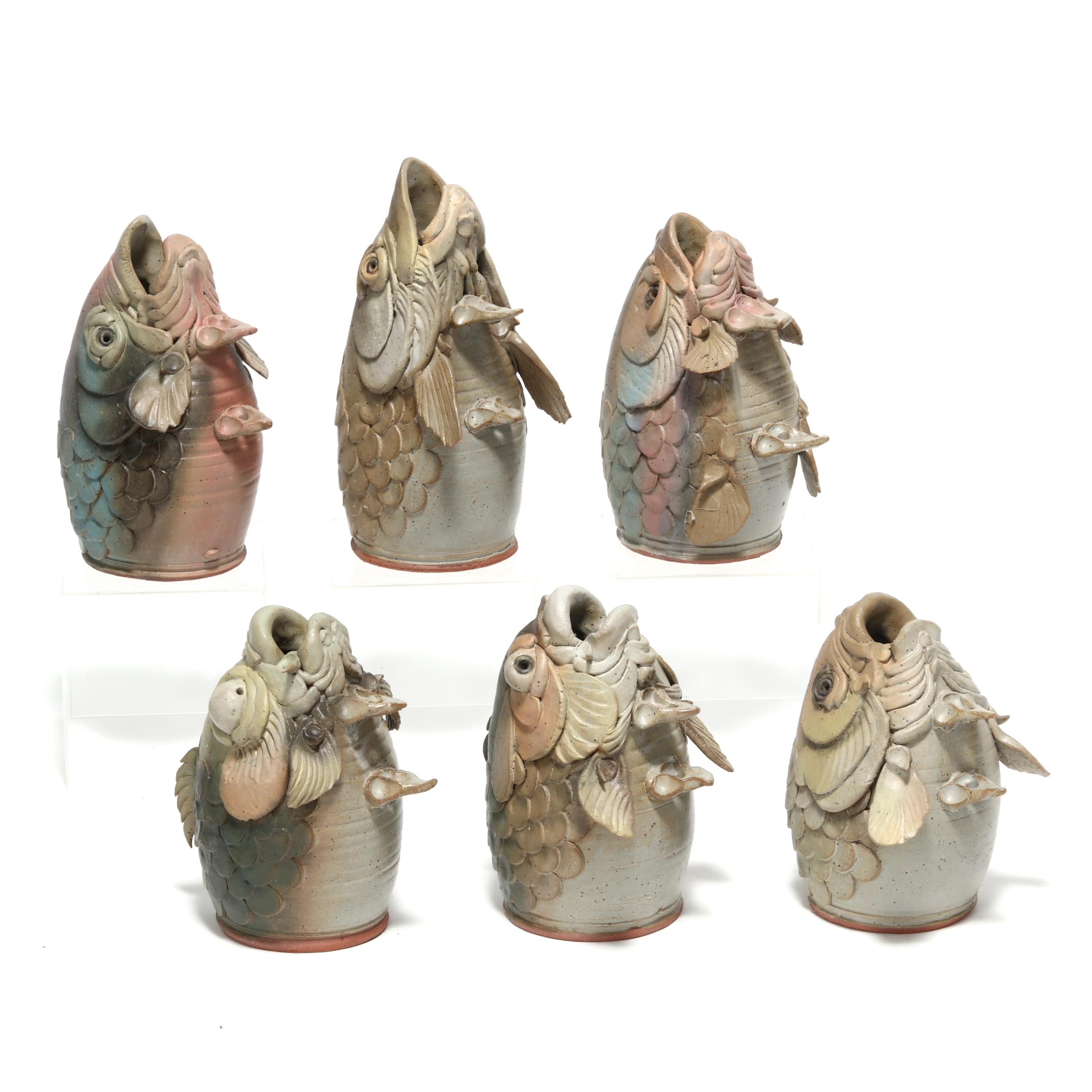 Artwork by Douglas Fey, Six Whimsical Fish Head Pottery Bird "Garglers", Made of glazed red earthenware clay