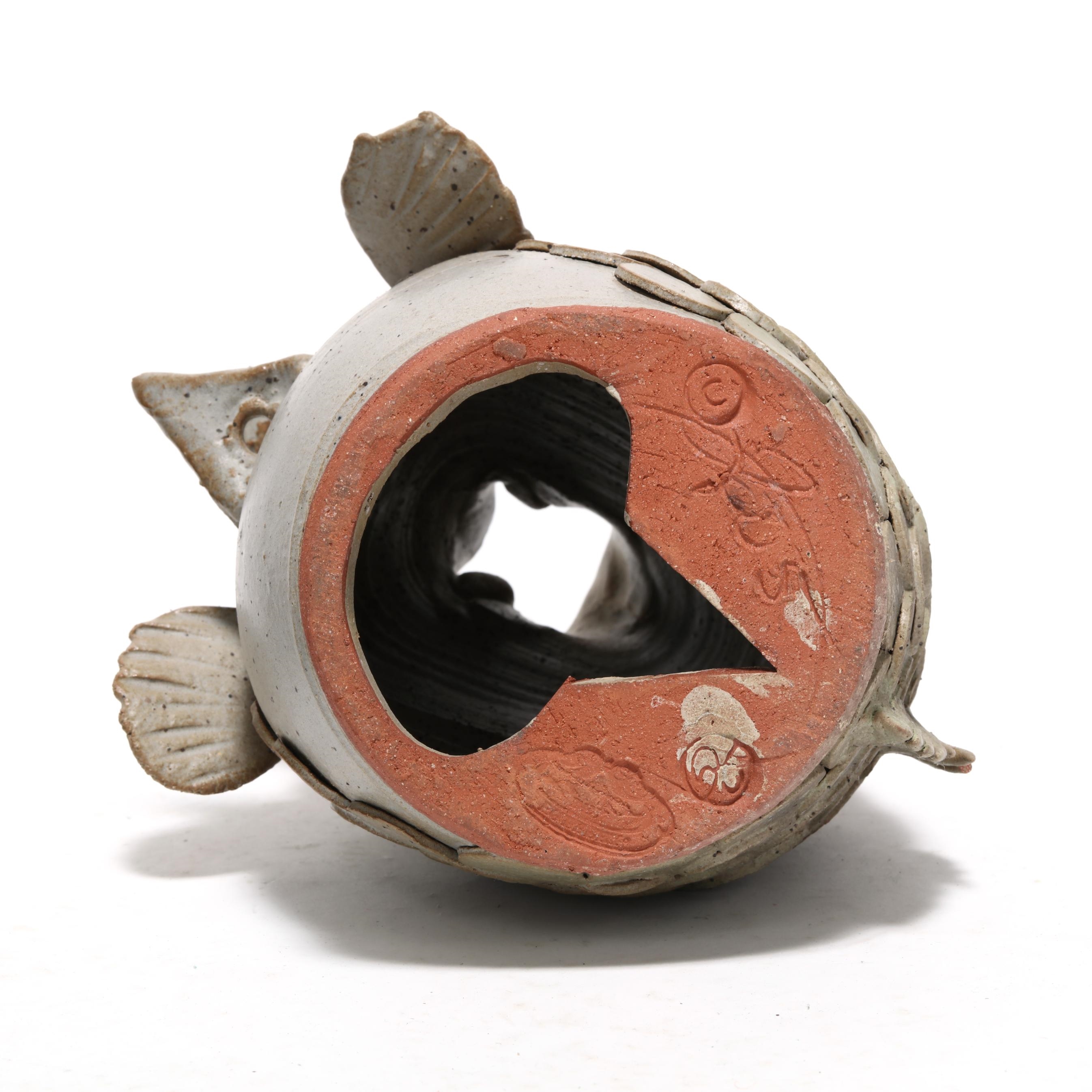 Artwork by Douglas Fey, Six Whimsical Fish Head Pottery Bird "Garglers", Made of glazed red earthenware clay