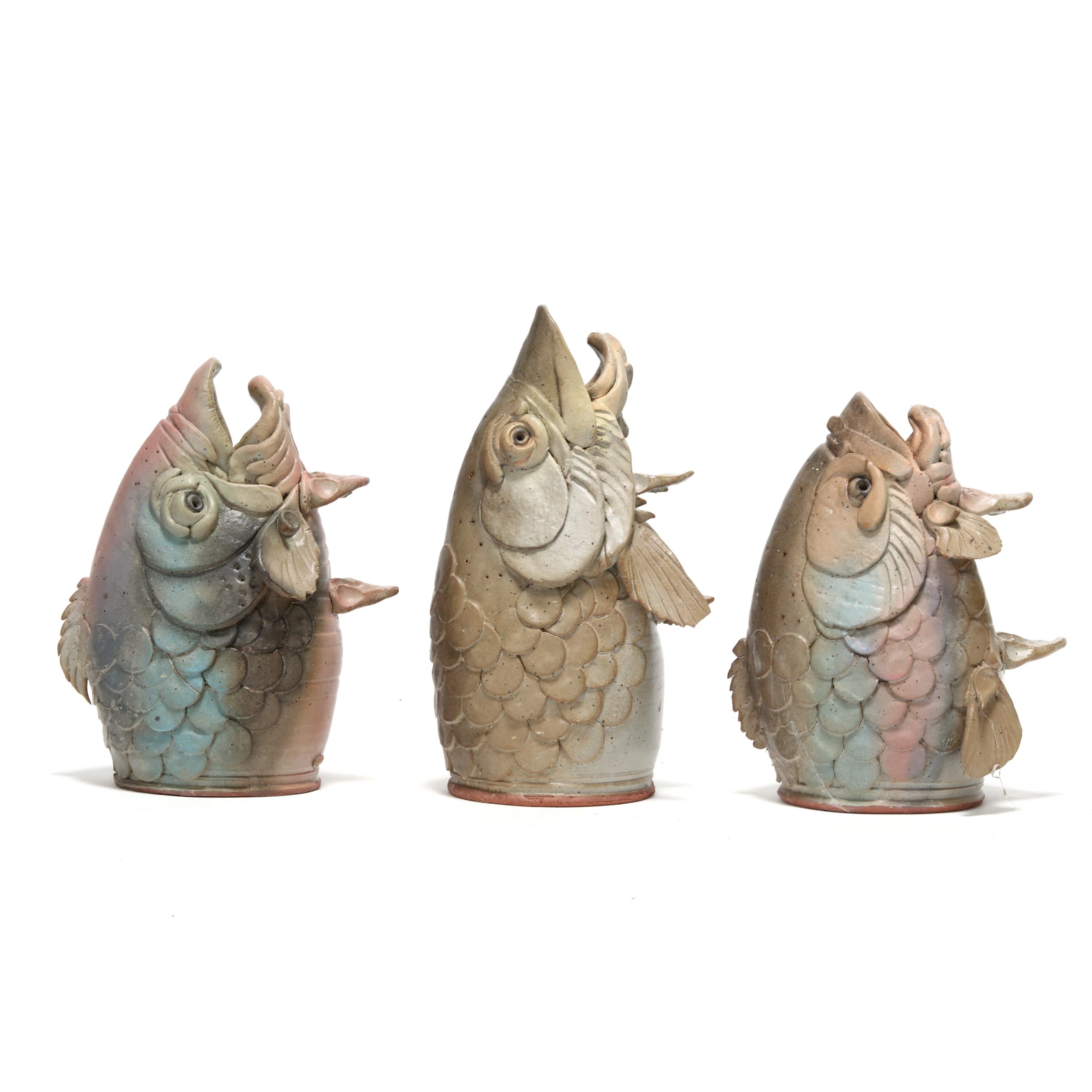 Artwork by Douglas Fey, Six Whimsical Fish Head Pottery Bird "Garglers", Made of glazed red earthenware clay