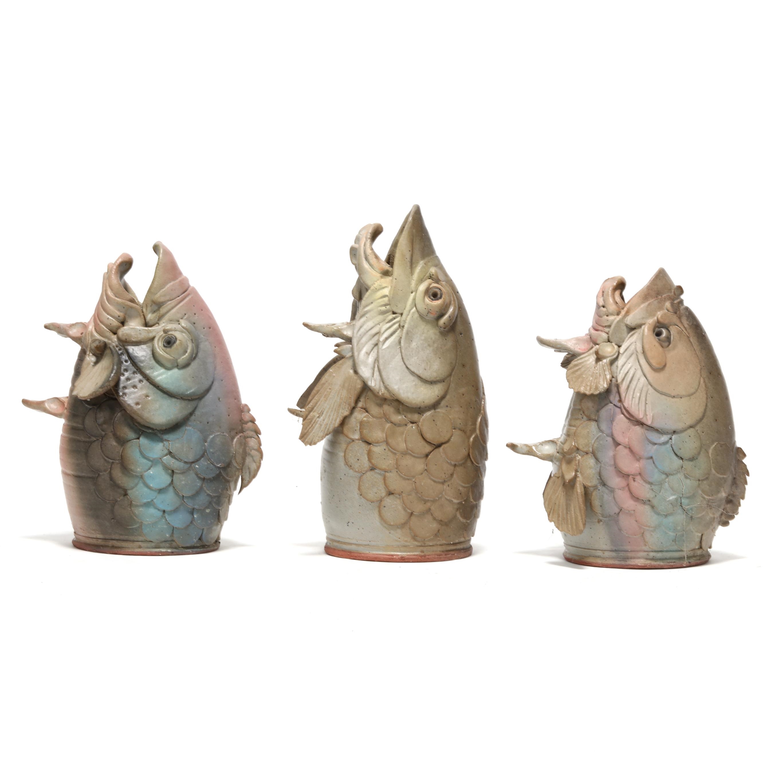 Artwork by Douglas Fey, Six Whimsical Fish Head Pottery Bird "Garglers", Made of glazed red earthenware clay