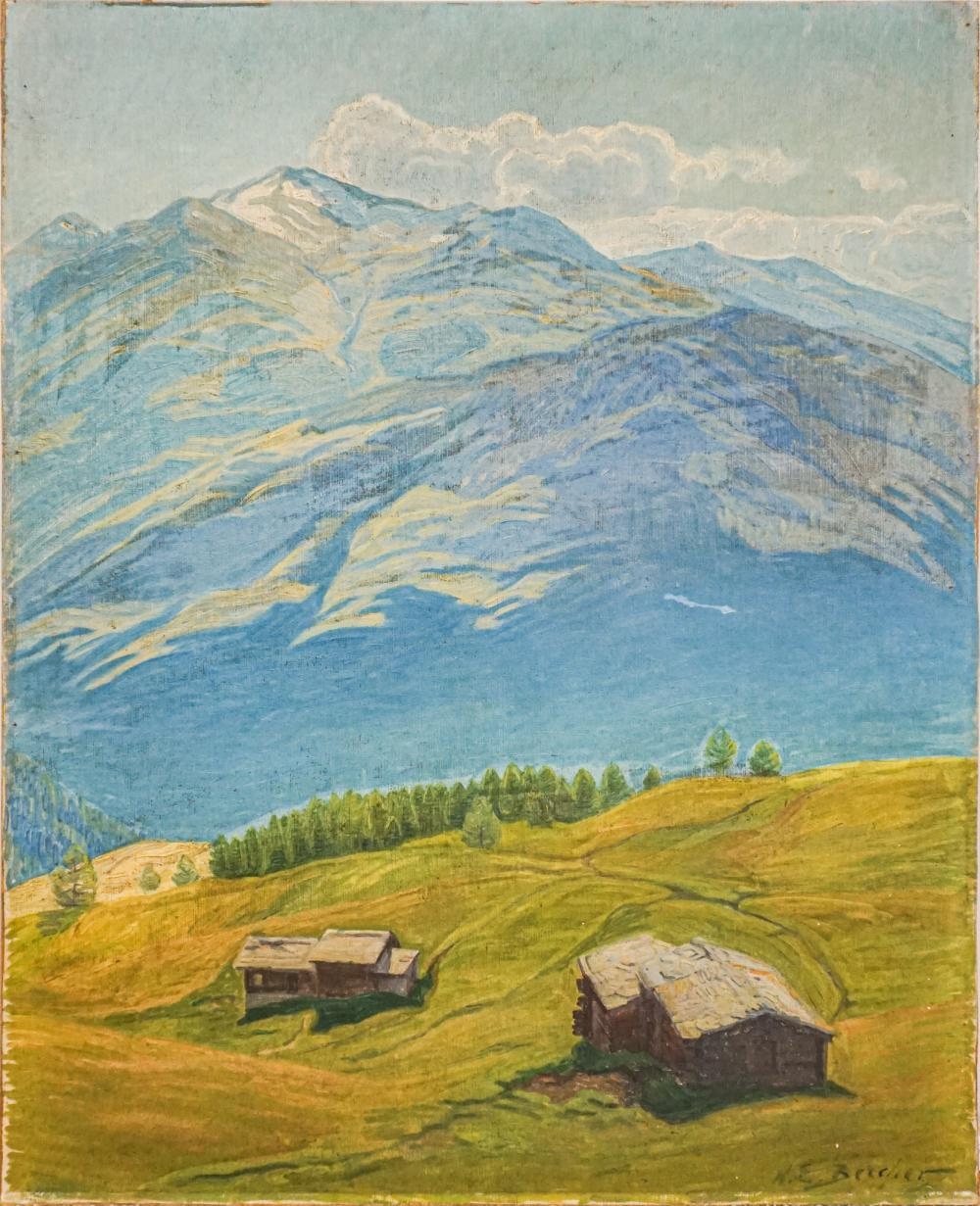 Artwork by Harriet Foster Beecher, Farm Mountain Landscape, Made of Oil on Canvasboard